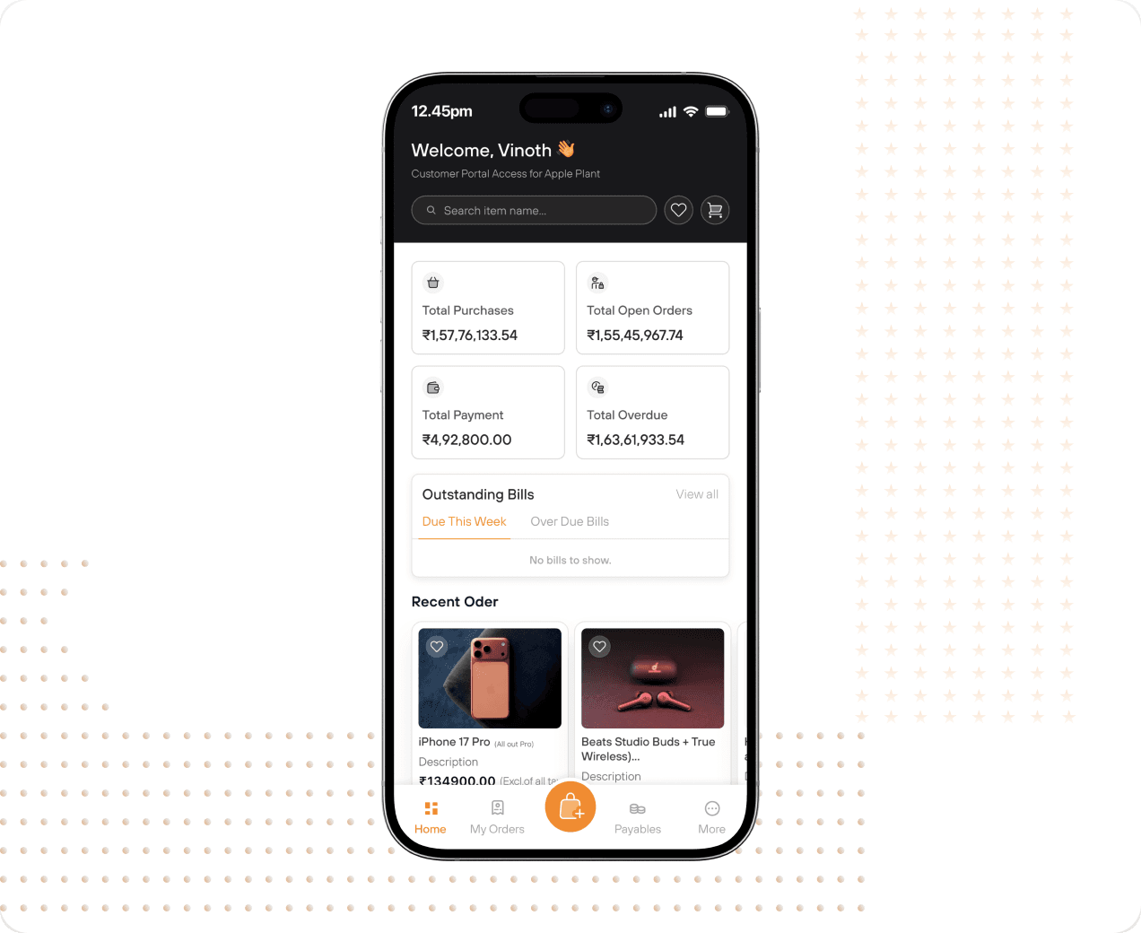 Buyer portal home screen with catalogue and recent orders
