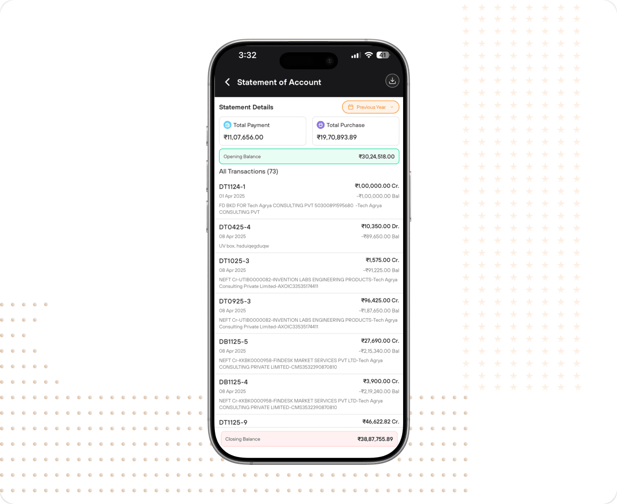 Statement of account listing all transactions