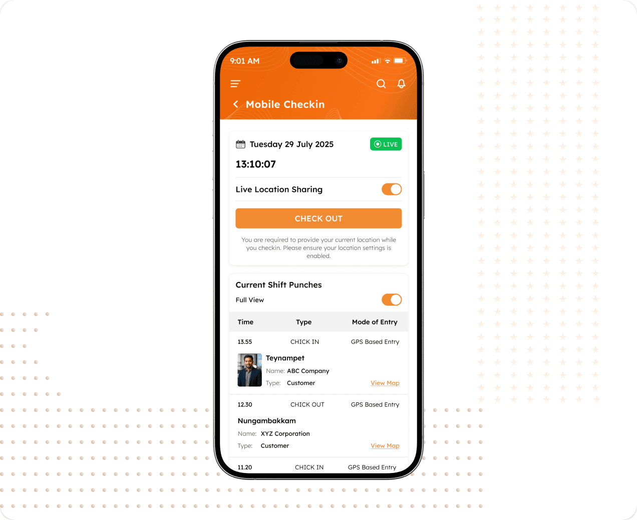 Live GPS and photo check-in screen