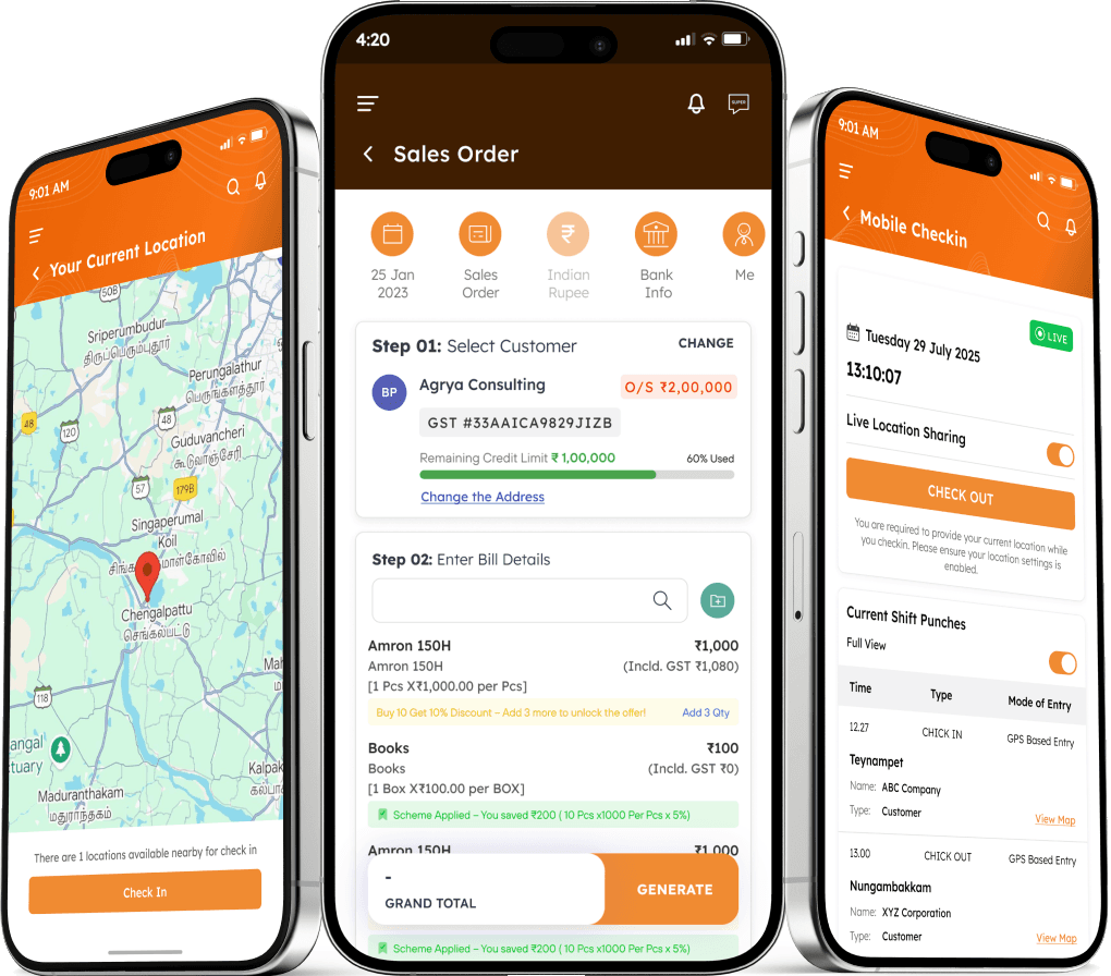 Three phones showing live location, a sales order with credit limits, and GPS check-in